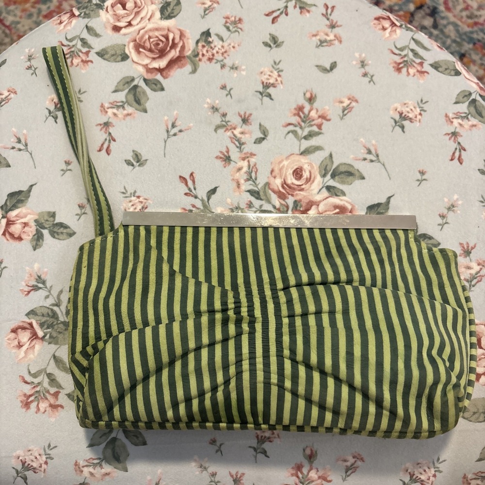 Adriana Cara's Green Striped Velvet Clutch Wristlet‎ Purse. Magnetic Closure.